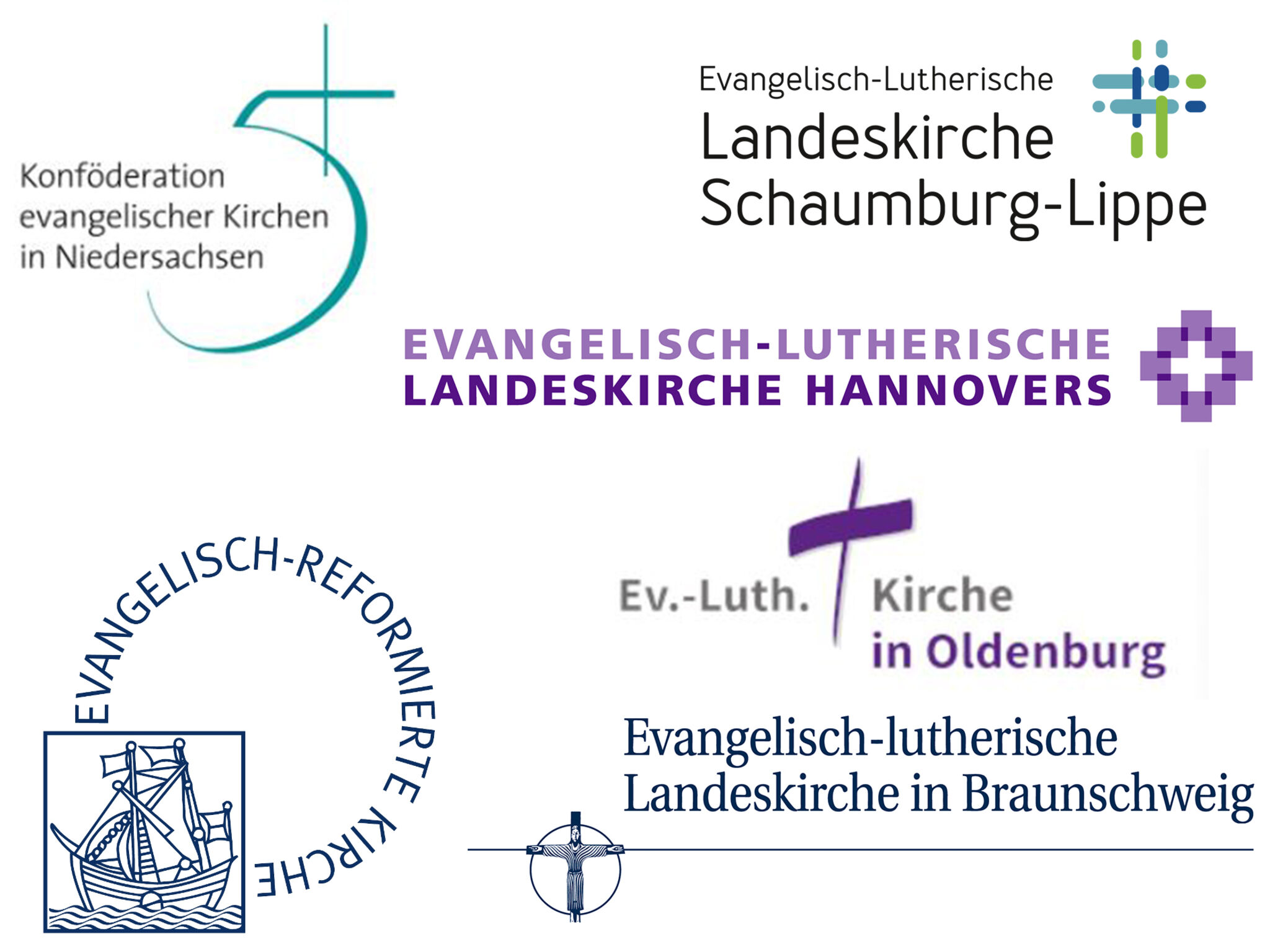 Die Logos der fünf Landeskirchen auf dem Gebiet des Bundeslandes Niedersachsen.