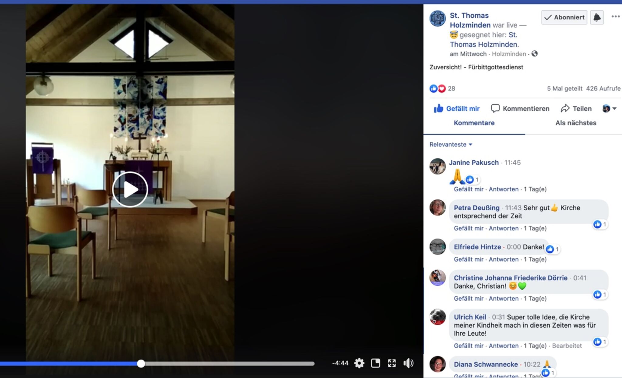 Der Facebook-Abendgottesdienst aus St. Thomas hat bislang knapp 430 Aufrufe.