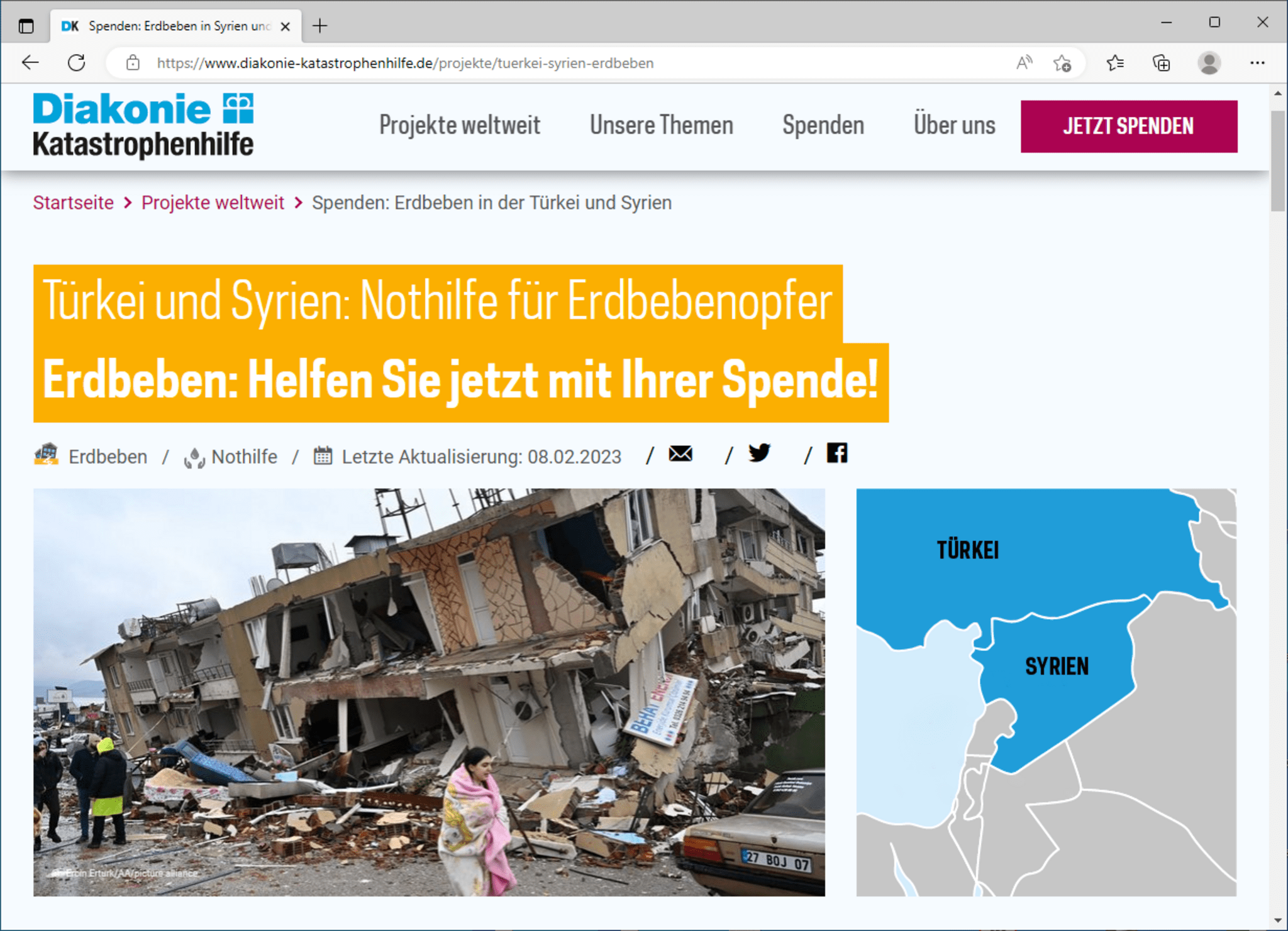Die Diakonie Katastrophenhilfe bittet auf ihrer Website um Spenden für die Erdbebenopfer.