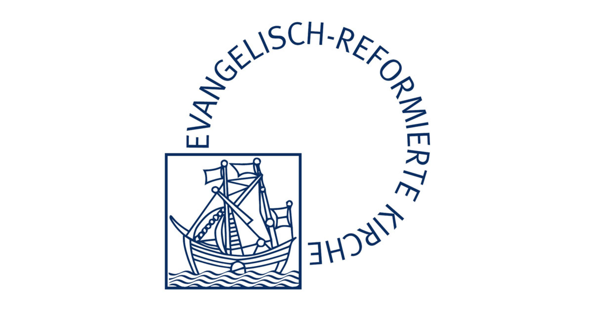 Zu sehen ist das Logo der evangelisch reformierten Kirche. Ihr Name ist kreisförmig gestaltet. Unten links ist ein altes Segelschiff abgebildet.