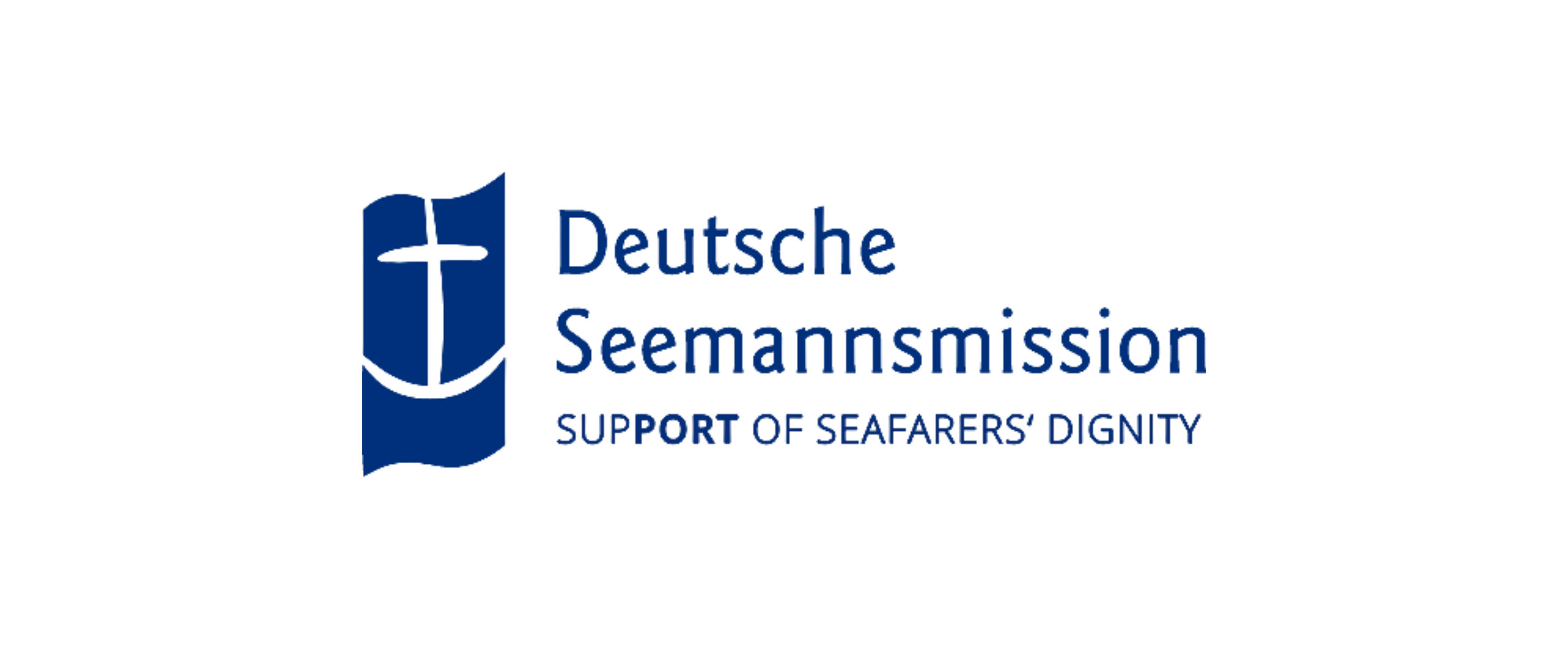 Links ist ein Anker auf blauem Hintergrund zu sehen. Rechts daneben steht in Blau: Deutsche Seemannsmission - Support of Seafarer's Dignity