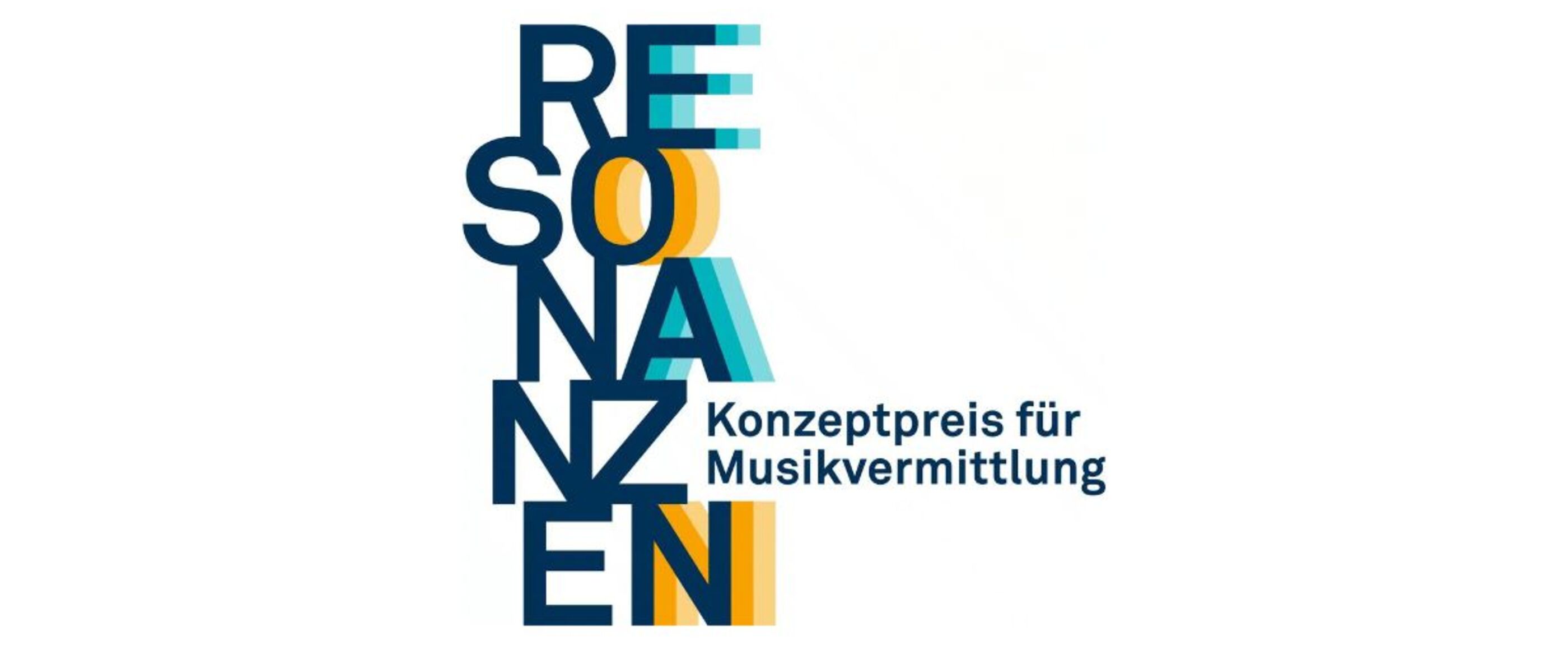 Das Wort "Resonanzen" ist vertical mit jeweils zwei Buchstaben nebeneinander geschrieben, die rechts stehenden haben jeweils gelbe oder blaue Schlieren. Neben dem Z steht "Konzeptpreis für Musikvermittlung"
