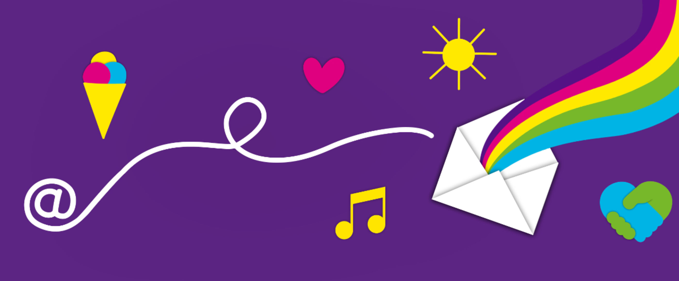 ein Briefumschlag mit vielen Symbolen darum wie einem Eis, Musiknoten, einem Herz und einer Sonne